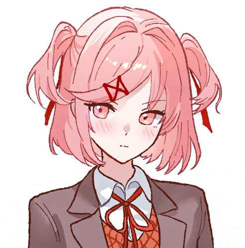 1girl brown_sweater_vest collared_shirt doki_doki_literature_club grey_jacket hair_between_eyes hair_ornament hair_ribbon hairclip jacket looking_to_the_side lowres matching_hair/eyes natsuki_(doki_doki_literature_club) neck_ribbon pink_eyes pink_hair portrait red_ribbon ribbon school_uniform shirt short_hair simple_background solo sweater_vest two_side_up white_background white_shirt yuna_4568