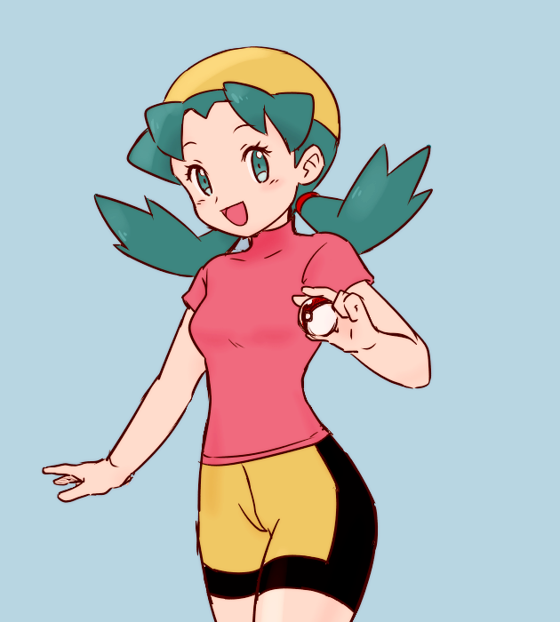 1girl 35yado :d aqua_eyes aqua_hair black_shorts blue_background breasts creatures_(company) game_freak hat holding holding_poke_ball kris_(pokemon) long_hair medium_breasts nintendo no_jacket open_mouth poke_ball poke_ball_(basic) pokemon pokemon_gsc red_shirt shirt short_sleeves shorts simple_background smile solo twintails two-tone_shorts yellow_hat yellow_shorts