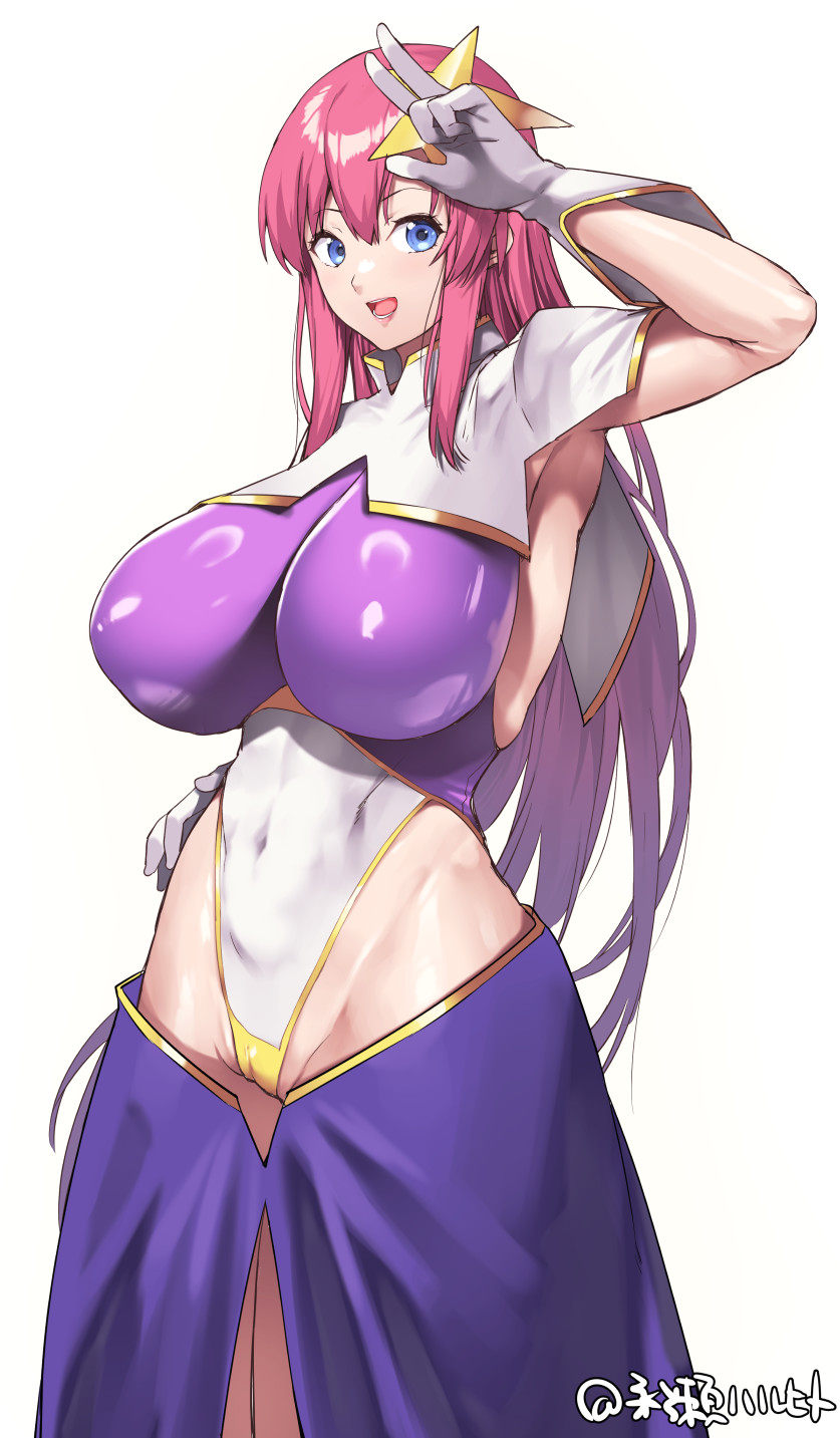 1girl armpits blue_eyes breasts cameltoe collar covered_navel gloves gluteal_fold gold_trim gundam gundam_seed gundam_seed_destiny hair_ornament highleg highleg_leotard highres impossible_clothes impossible_leotard leotard long_hair medium_breasts meer_campbell multicolored_leotard nagase_haruhito open_mouth pink_hair purple_leotard simple_background smile solo star_(symbol) star_hair_ornament teeth thong_leotard upper_body upper_teeth_only white_background white_collar white_gloves white_leotard