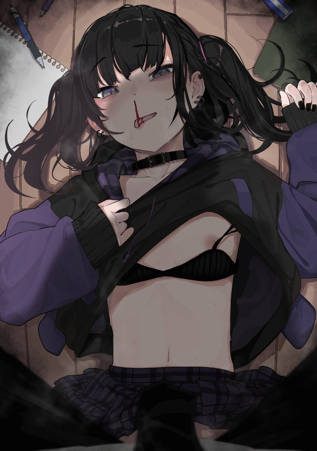 1boy 1girl black_bra black_choker black_hair black_nails blood blood_in_mouth blush boy_on_top bra bra_pull breasts choker clothes_lift clothes_pull ear_piercing earrings grey_eyes hetero highres hood hoodie hoodie_lift jewelry jirai_kei kashihara_noa_(kindatsu) kindatsu long_sleeves looking_at_viewer lying medium_hair navel nosebleed on_back on_floor open_mouth original pen piercing pov skirt skirt_lift sleeves_past_wrists small_breasts sweat twintails underwear