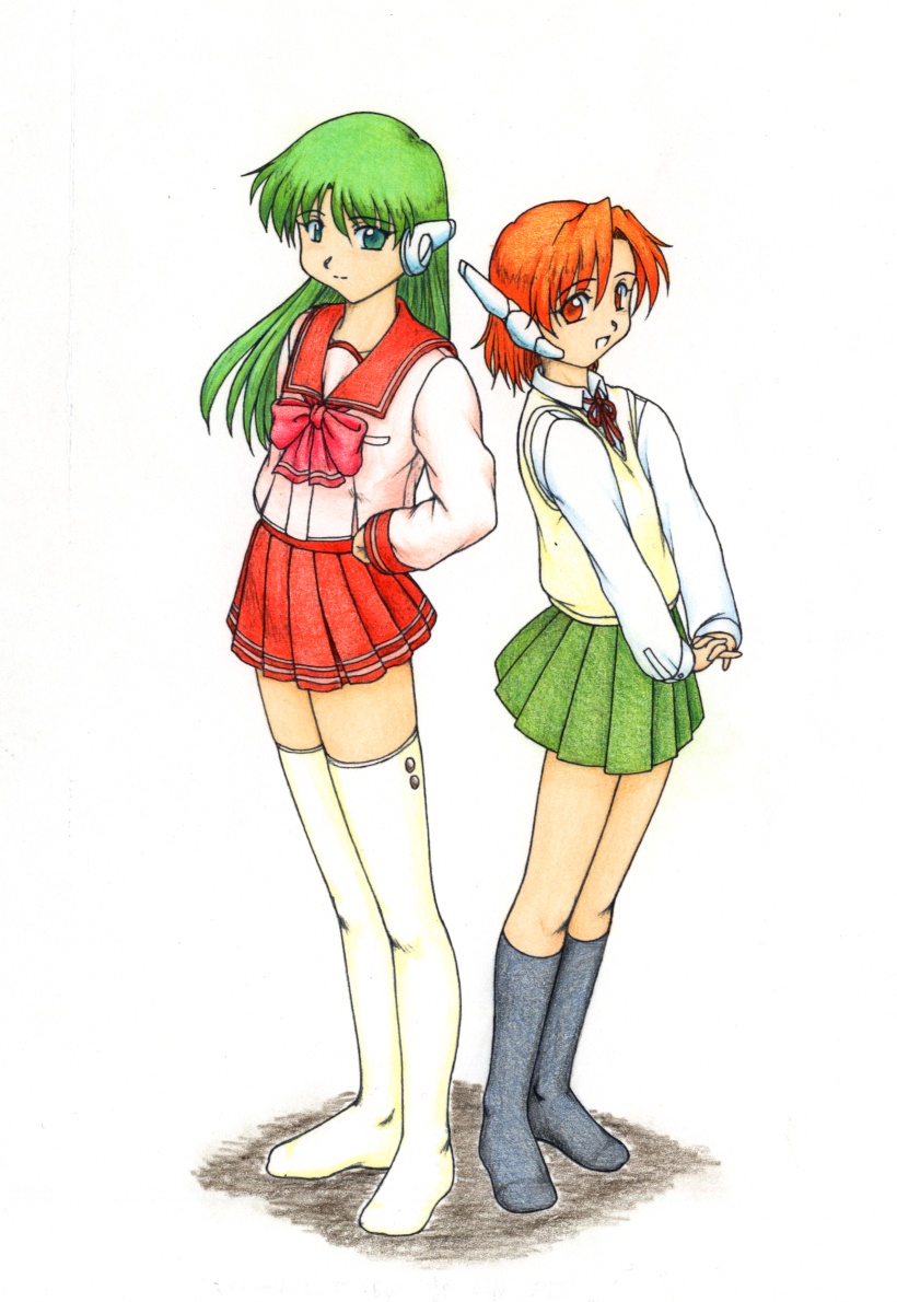 2girls aged_down aged_up alternate_hair_color alternate_hairstyle android ballpoint_pen_(medium) black_socks colored_pencil_(medium) cosplay costume_switch full_body green_eyes green_hair hairstyle_switch hand_on_own_hip hands_on_own_hips harumachi_nagaaki height_difference kneehighs long_hair long_sleeves marker_(medium) multi_(to_heart) multiple_girls no_shoes open_mouth orange_eyes orange_hair red_eyes red_hair robot_ears school_uniform serafuku serio_(to_heart) short_hair skirt smile socks standing sweater_vest tareme thighhighs to_heart to_heart_(series) traditional_media tsurime white_legwear