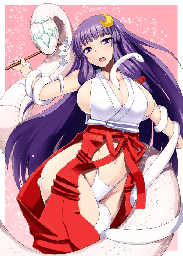 1girl blue_eyes breasts cleavage clothing_cutout gohei hair_ornament hakama highleg highleg_panties ishimiso_(ishimura) japanese_clothes large_breasts long_hair miko moon_(ornament) oonusa panties patchouli_knowledge purple_hair revealing_clothes sidelocks snake touhou underwear white_panties