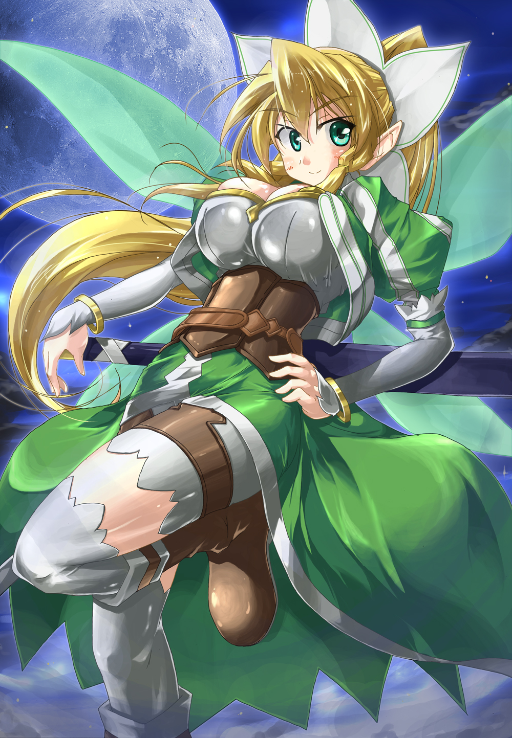 10s 1girl bike_shorts blonde_hair boots elf fairy_wings female_focus green_eyes highres leafa_(sao) long_hair md5_mismatch moon pointy_ears ponytail setomi_sora setoumi_sora solo sword_art_online wings