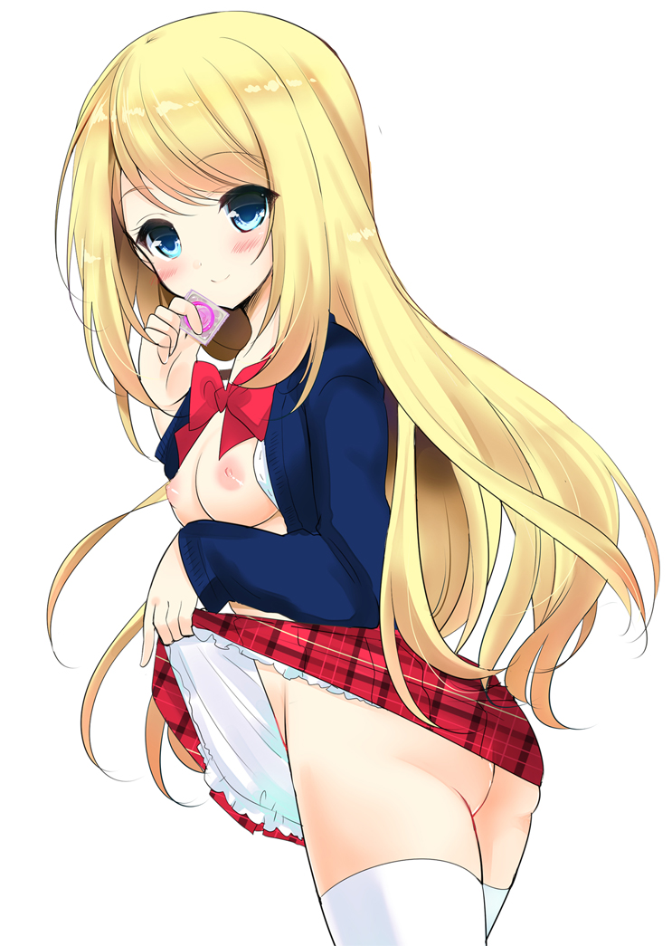 1girl ass blonde_hair blue_eyes blush breasts cardigan chloe_lemaire clothes_lift condom female_focus from_behind girlfriend_(kari) long_hair looking_back mimicryz nipples no_bra no_panties open_clothes open_shirt school_uniform shirt skirt skirt_lift smile solo thighhighs white_background