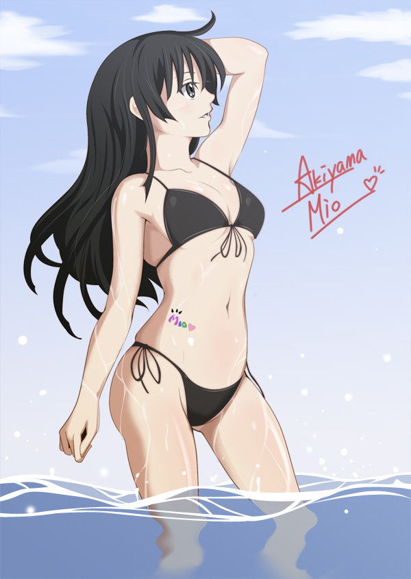 akiyama_mio bikini black_eyes black_hair bodypaint bula k-on! long_hair solo swimsuit wet