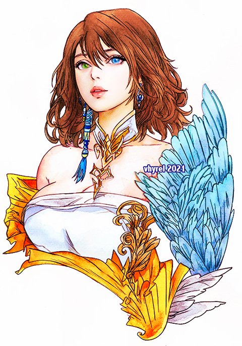 1girl blue_eyes breasts brown_hair cleavage final_fantasy final_fantasy_x green_eyes heterochromia yuna