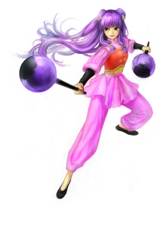 1girl armor bad_id bad_pixiv_id breastplate brown_eyes chinese_clothes chui female_focus full_body hair_ornament long_hair pants pink_pants purple_hair ranma_1/2 shampoo_(ranma_1/2) simple_background smile solo very_long_hair weapon white_background yumechigai