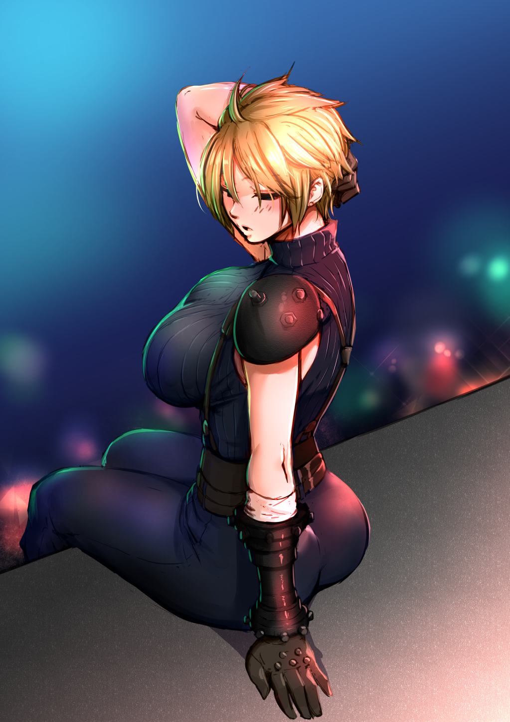 1girl adjusting_hair blonde_hair breasts brown_hair cloud_strife closed_eyes final_fantasy final_fantasy_vii gender_request genderswap gloves highres impossible_clothes impossible_sweater large_breasts mxgh4344 pants shoulder_pads sitting square_enix sweater turtleneck