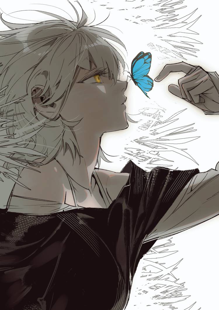 bang_dream! bang_dream!_it&#039;s_mygo!!!!! black_shirt bug butterfly commentary hand_up hashtag-only_commentary insect kaname_raana layered_sleeves long_sleeves lying niello5 off_shoulder on_back parted_lips shirt short_hair short_over_long_sleeves short_sleeves sideways white_hair yellow_eyes