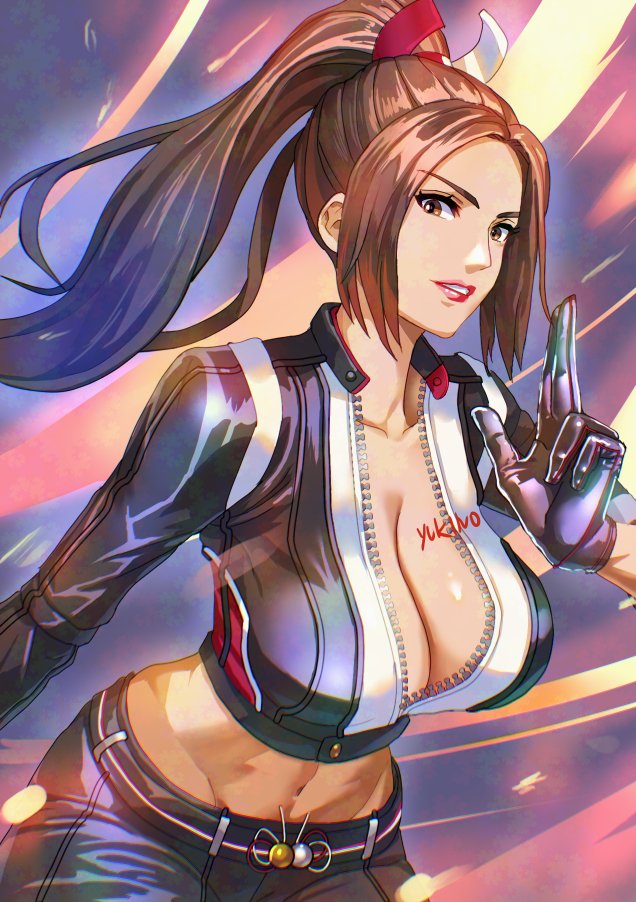 1girl black_gloves black_jacket breasts brown_eyes brown_hair cleavage cropped_jacket fatal_fury fatal_fury:_city_of_the_wolves gloves high_ponytail jacket leather leather_pants long_hair looking_at_viewer midriff navel pants parted_lips red_lips shiranui_mai smile solo toned yukinoshinf