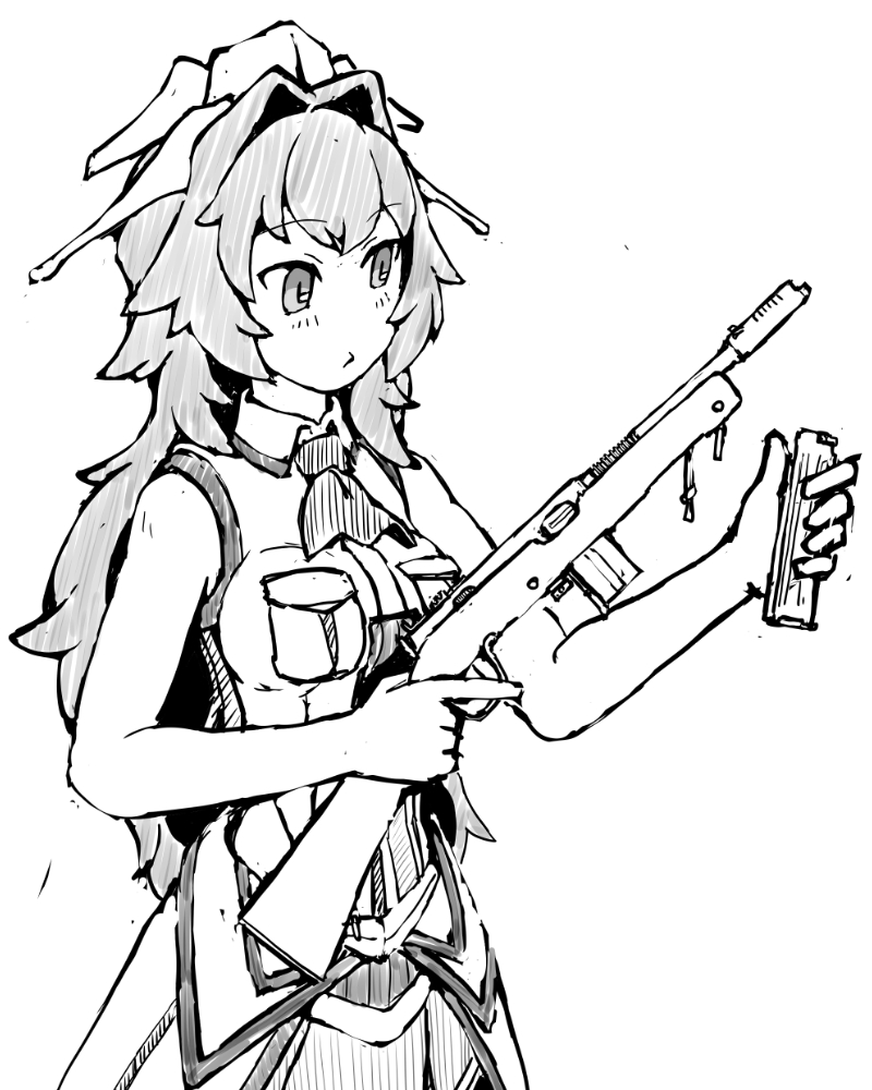 1girl ascot breast_pocket cowboy_shot greyscale gun hair_intakes headgear holding holding_gun holding_weapon kantai_collection long_hair m50_reising magazine_(weapon) medium_hair military_uniform monochrome phoenix_(kancolle) pocket rifle skirt sleeveless sleeveless_jacket solo submachine_gun task_(s_task80) weapon