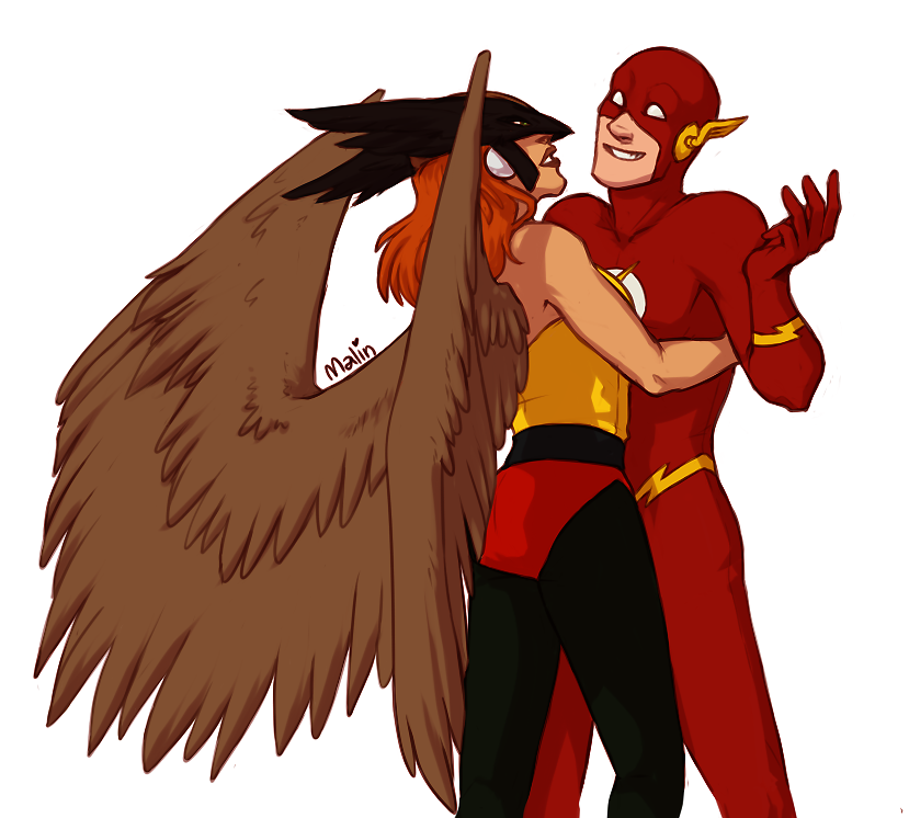 1boy 1girl belt bird_wings black_legwear bodysuit dc_comics flash_(series) hawkgirl helmet justice_league mask the_flash wally_west wings