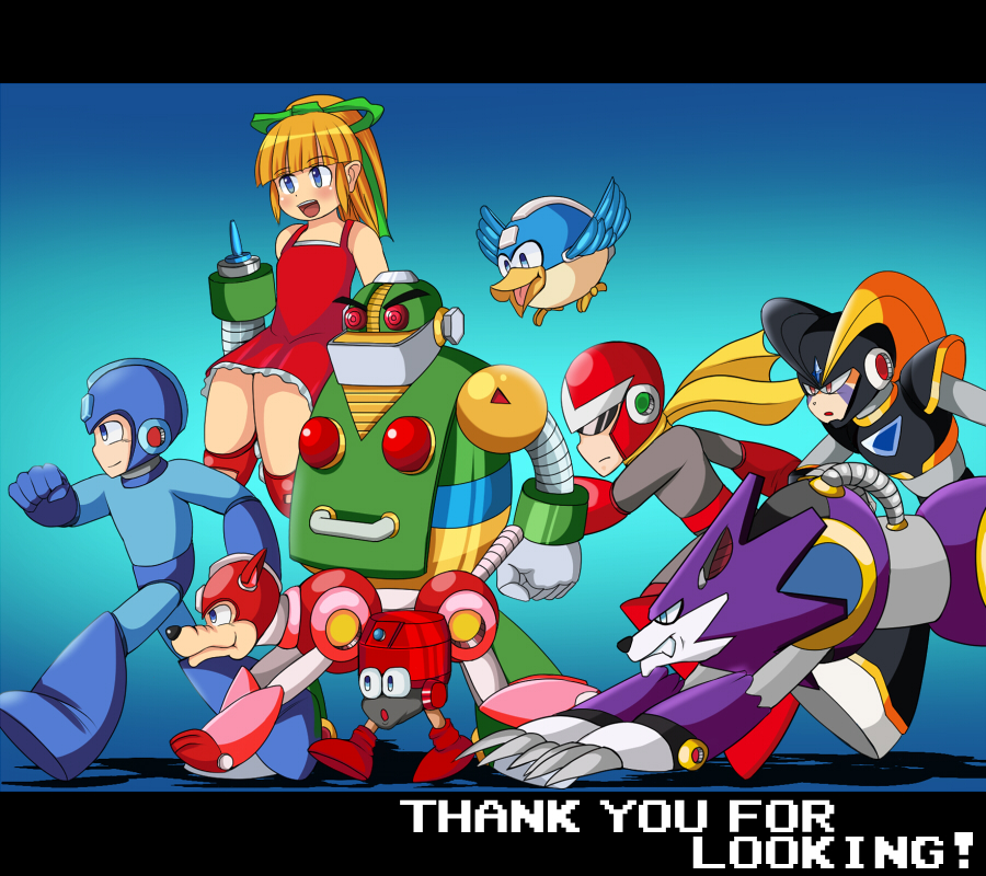 auto_(mega_man) bass_(mega_man) beat_(mega_man) blonde_hair blue_eyes capcom eddie_(mega_man) grin helmet male_focus mega_man_(character) mega_man_(classic) mega_man_(series) mega_man_10 non-humanoid_robot proto_man red_eyes red_skirt robot robot_animal robot_ears roll_(mega_man) rush_(mega_man) scarf skirt smile sunglasses treble_(mega_man) walking