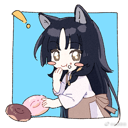 ! 1girl animal_ears apron arknights black_hair blue_background blush_stickers border brown_apron chibi chinese_commentary closed_mouth commentary_request doughnut food food_on_face grey_shirt hand_on_own_chin holding holding_food long_hair looking_at_viewer lowres no_nose outside_border saga_(arknights) shan_xin_xin_bai shirt simple_background sleeves_past_elbows smile solo white_border yellow_eyes