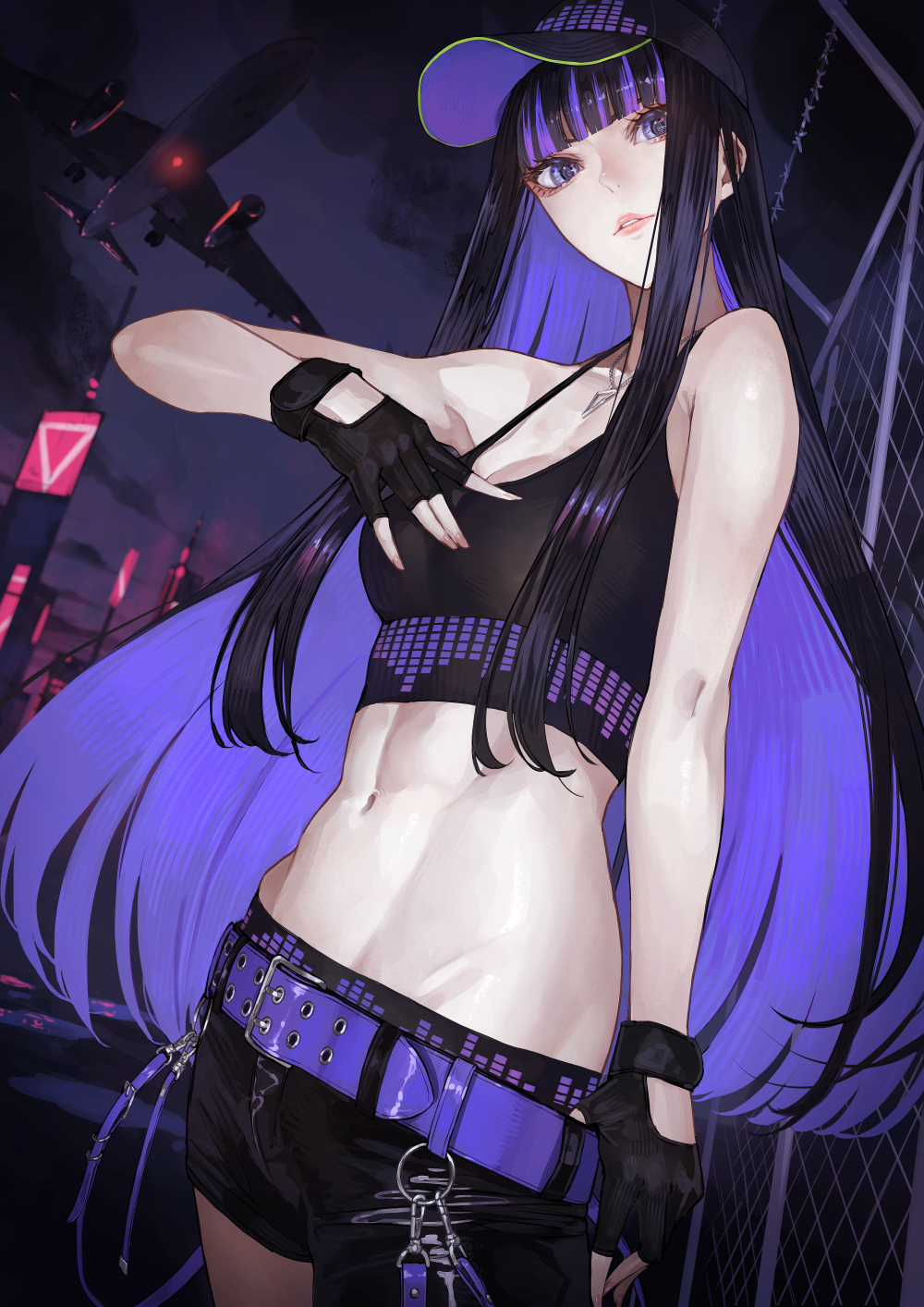 1girl abs aircraft airplane belt chain-link_fence crop_top fence fingerless_gloves gloves highres ibuki_(vtuber) jewelry kaoming long_hair midriff multicolored_hair navel necklace original purple_eyes shorts sideways_glance virtual_youtuber