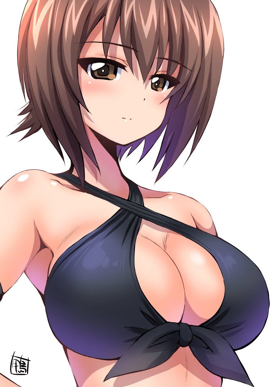 1girl bikini black_bikini blush breasts brown_eyes brown_hair cleavage closed_mouth collarbone girls_und_panzer highres kamogawa_tanuki large_breasts looking_at_viewer nishizumi_maho short_hair simple_background smile solo swimsuit upper_body white_background