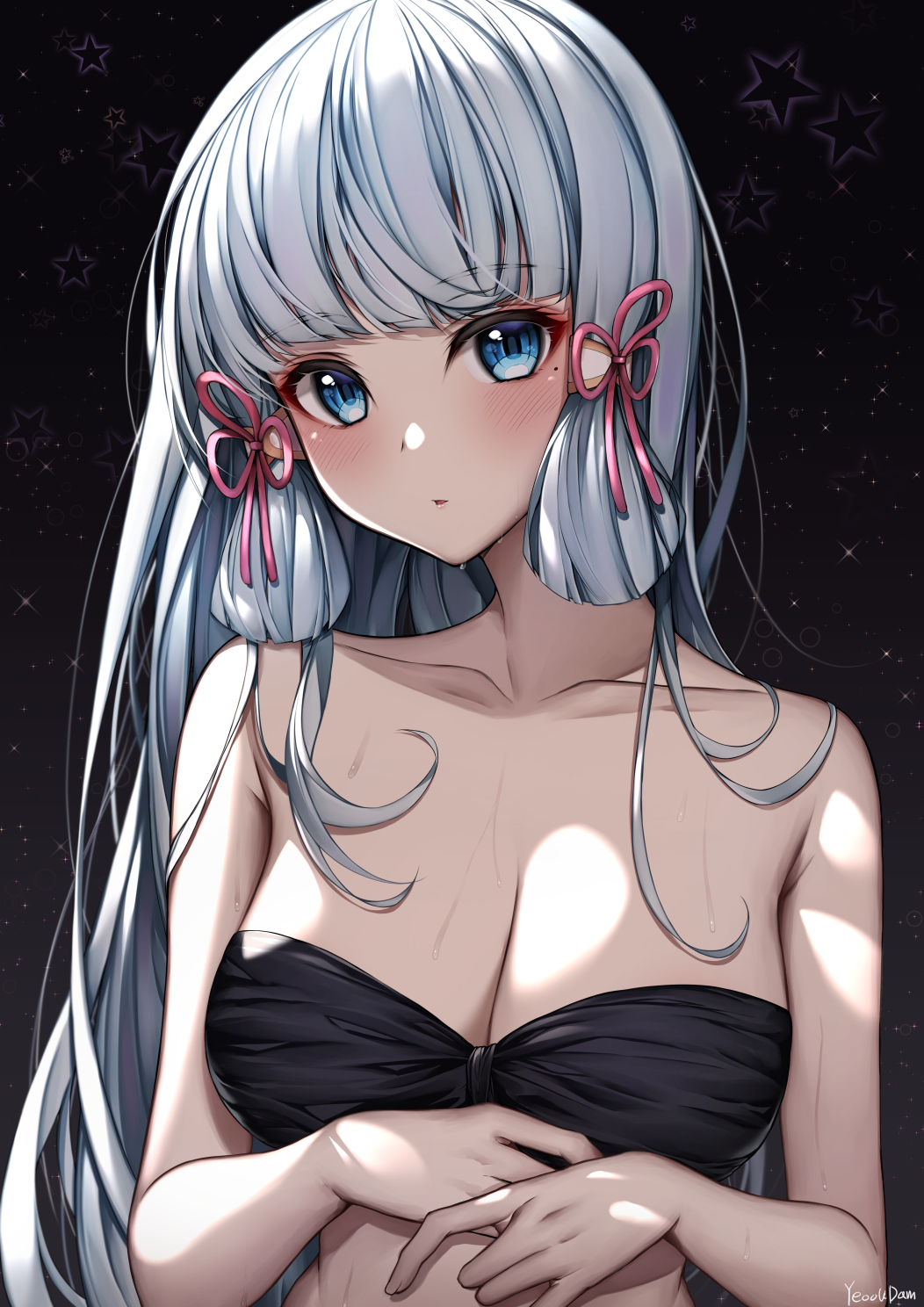 1girl ayaka_(genshin_impact) bikini black_bikini blue_eyes blue_hair blunt_bangs blush breasts cleavage collarbone genshin_impact hair_down hair_ribbon highres light_blue_hair long_hair looking_at_viewer medium_breasts mole mole_under_eye parted_lips ribbon sidelocks solo swimsuit tress_ribbon upper_body yeooudam