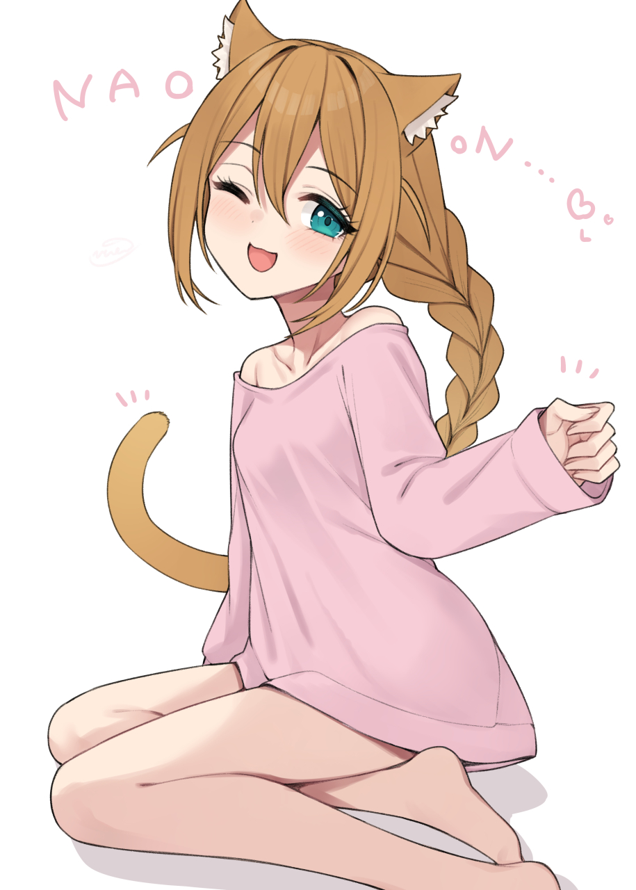 1girl ;d animal_ears baba_konomi bare_legs barefoot binsen braid brown_hair cat_ears cat_girl cat_tail green_eyes highres idolmaster idolmaster_million_live! long_hair long_sleeves looking_at_viewer no_pants off-shoulder_sweater off_shoulder one_eye_closed open_mouth pink_sweater simple_background single_braid smile sweater tail white_background