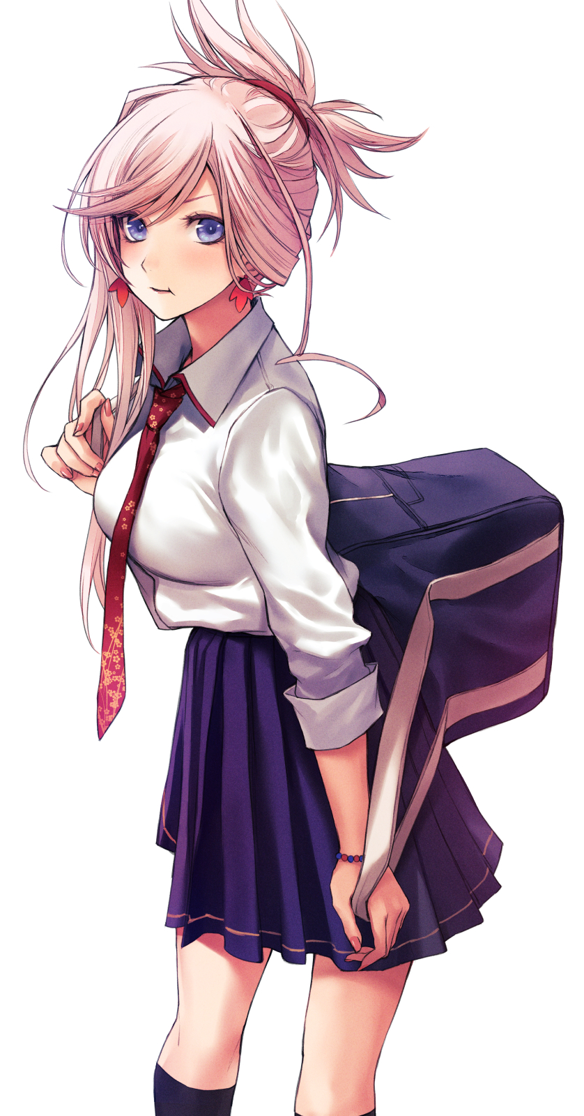 1girl applekun asymmetrical_hair backpack bag black_legwear blue_eyes blue_skirt blush breasts collared_shirt dress_shirt earrings fate/grand_order fate_(series) hair_ornament highres jewelry long_hair medium_breasts miyamoto_musashi_(fate) pink_hair pleated_skirt ponytail red_neckwear school_bag school_uniform shirt single_sidelock skirt smile solo standing swept_bangs white_shirt