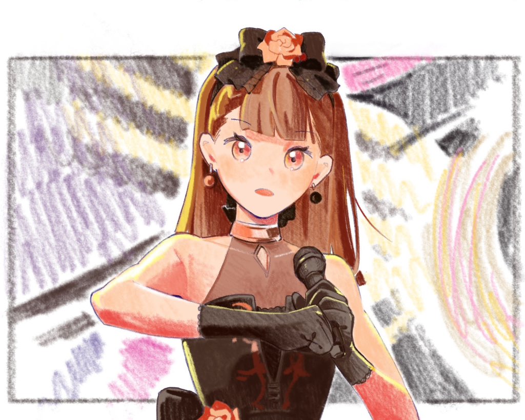 1girl abstract_background black_dress black_gloves blunt_bangs border braid brown_hair center-flap_bangs collarbone commentary dress earrings gloves holding holding_microphone jewelry kachimachi_kosuzu link!_like!_love_live! long_hair love_live! microphone mismatched_earrings open_mouth outside_border platunoy_787 red_eyes side_ahoge side_braids sleeveless sleeveless_dress smile solo sparkly_spot_(love_live!) straight_hair upper_body virtual_youtuber white_border yellow_background