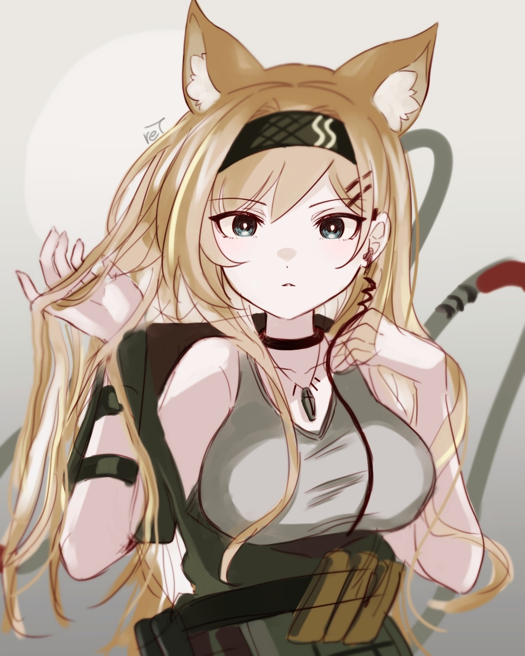 1girl animal_ear_fluff animal_ears arknights bare_shoulders black_choker black_hairband blonde_hair breasts choker commentary female_focus grey_eyes grey_tank_top hairband hands_up highres horn_(arknights) large_breasts long_hair looking_at_viewer off_shoulder ret_(tiiuu) solo tank_top upper_body wolf_ears