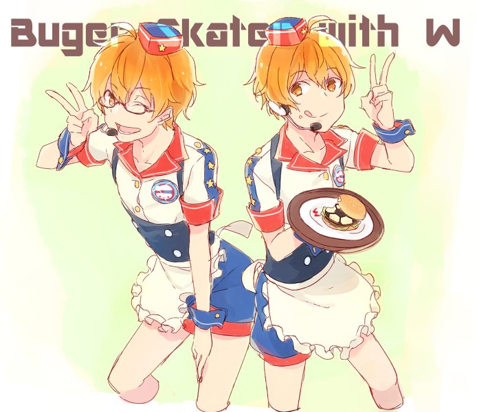 10s 2boys aoi_kyosuke aoi_yusuke apron brothers burger burger_skater_(idolmaster) crossdressing food from_above glasses group_name hand_on_own_thigh headset idolmaster idolmaster_side-m looking_at_viewer male_focus multiple_boys nakasaka_sakana orange_eyes orange_hair plate siblings star_(symbol) tray twins v waist_apron waitress wrist_cuffs