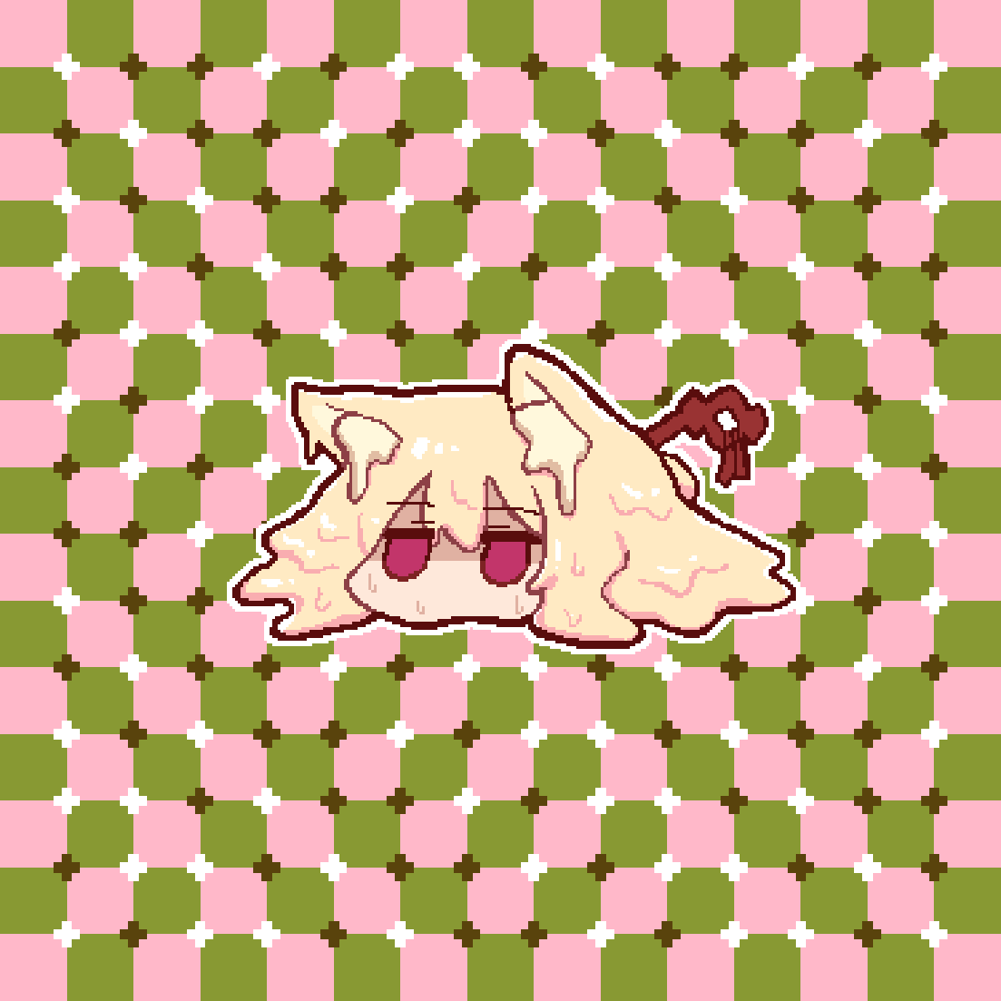 1girl animal_ear_fluff animal_ears checkered_background empty_eyes fox_ears hair_ornament jitome kemomimi-chan_(naga_u) melting naga_u optical_illusion original outline purple_eyes shaded_face solo sweat white_outline