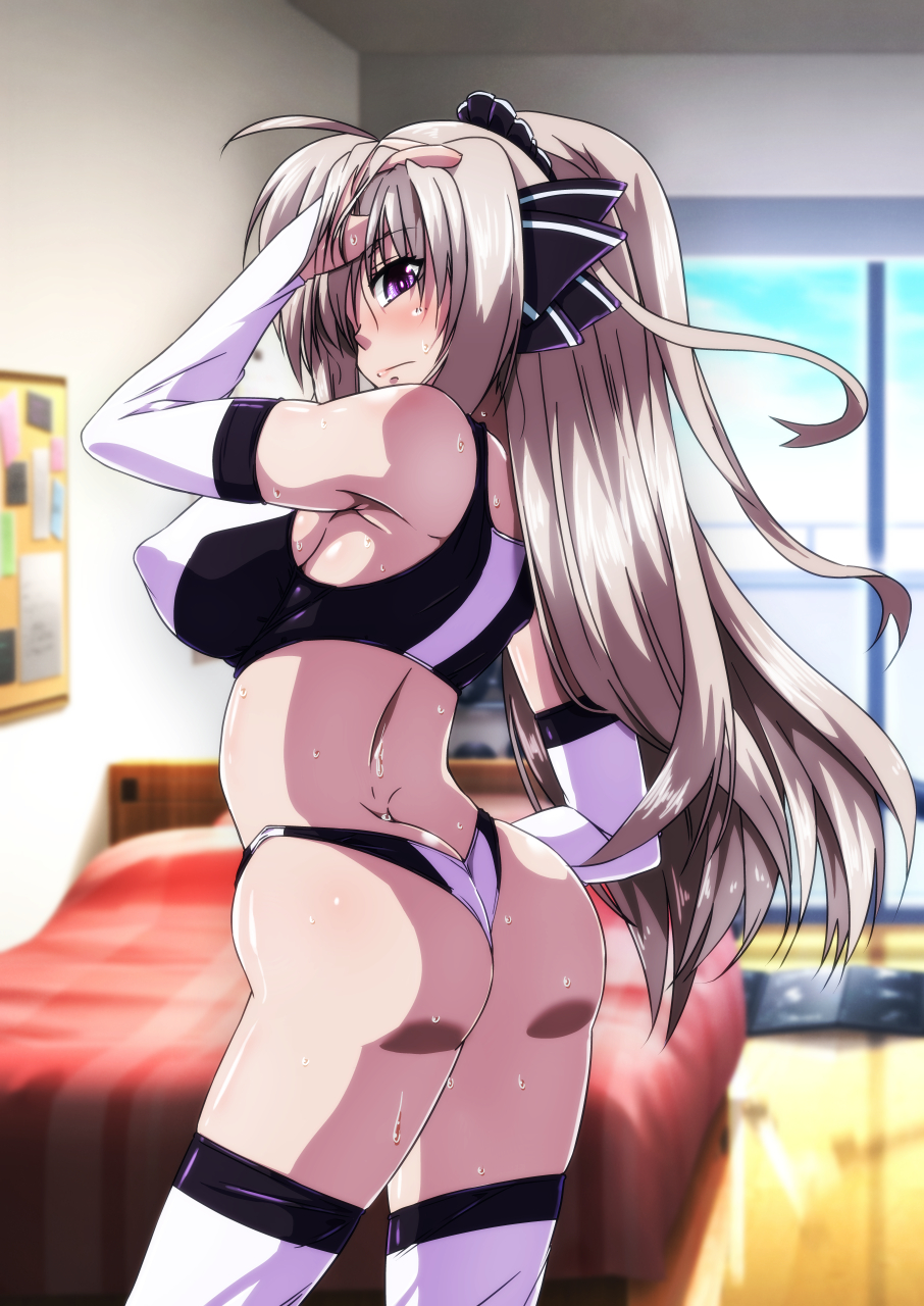 1girl ass black_sports_bra breasts butt_crack elbow_gloves from_behind gloves highres indoors large_breasts long_hair looking_at_viewer looking_back lyrical_nanoha purple_eyes rinne_berlinetta shiny_skin silver_hair solo sports_bra sportswear standing sweat tappa_(esperanza) thighhighs vivid_strike! white_gloves white_thighhighs