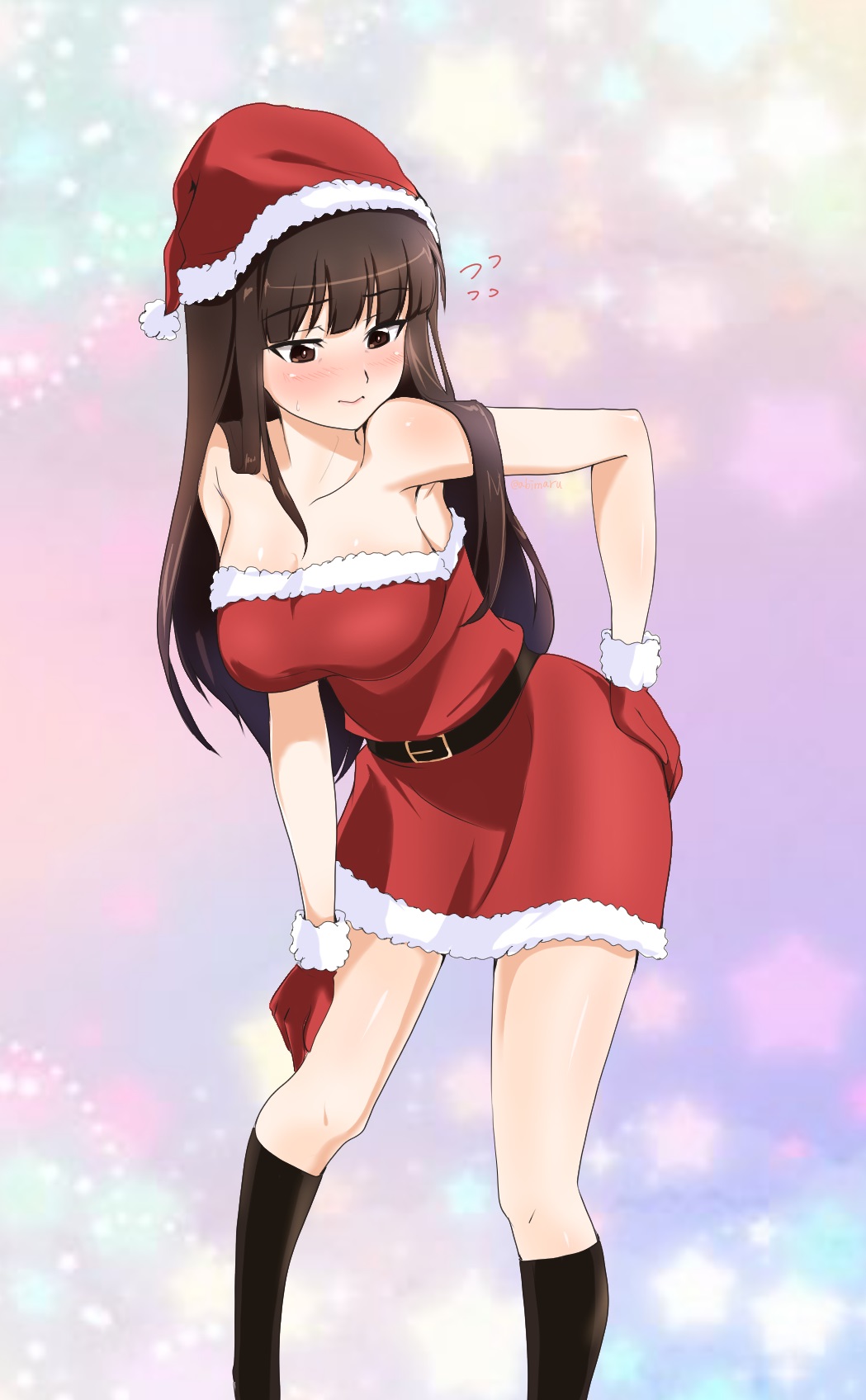 1girl abimaru_gup alternate_costume bare_shoulders belt black_belt black_eyes black_socks blunt_bangs blush breasts brown_hair christmas closed_mouth commentary dress flying_sweatdrops frown girls_und_panzer gloves hand_on_own_ass hand_on_own_thigh hat highres kneehighs large_breasts leaning_forward looking_to_the_side mature_female multicolored_background nishizumi_shiho one-hour_drawing_challenge red_dress red_gloves red_hat santa_costume santa_dress santa_gloves santa_hat short_dress socks solo standing straight_hair strapless strapless_dress sweatdrop twitter_username