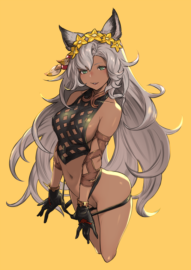 10s 1girl animal_ears black_gloves black_panties breasts covered_erect_nipples dark-skinned_female dark_skin erune female_focus flower fox_ears gloves granblue_fantasy green_eyes grey_hair hair_flower hair_ornament head_wreath long_hair nemone open_mouth panties panty_pull robo8 simple_background smile solo underwear yellow_background