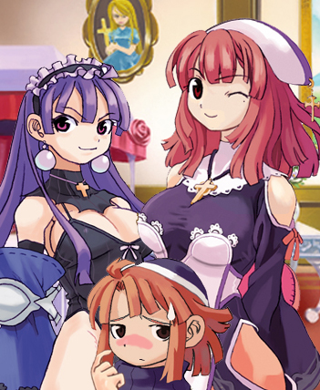 3girls breasts culotte dark_eclair eclair_(la_pucelle) hat la_pucelle lowres multiple_girls nippon_ichi pantyhose pink_hair prier purple_hair ryoji_(nomura_ryouji) smile