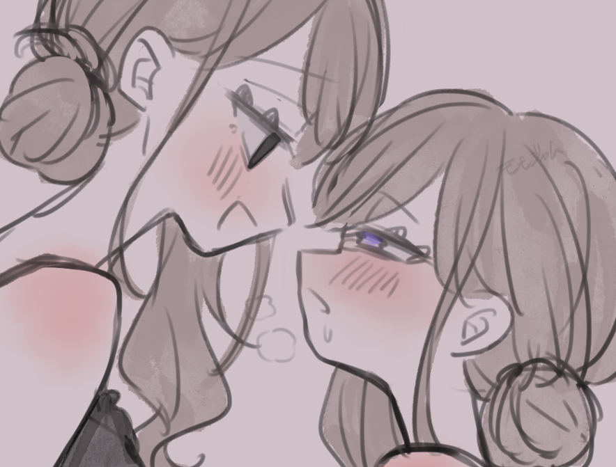 2girls black_bra black_eyes blush bra breath brown_hair commentary_request hair_bun long_hair momojum-chan multiple_girls open_mouth original pink_background purple_eyes saliva single_side_bun underwear yuri