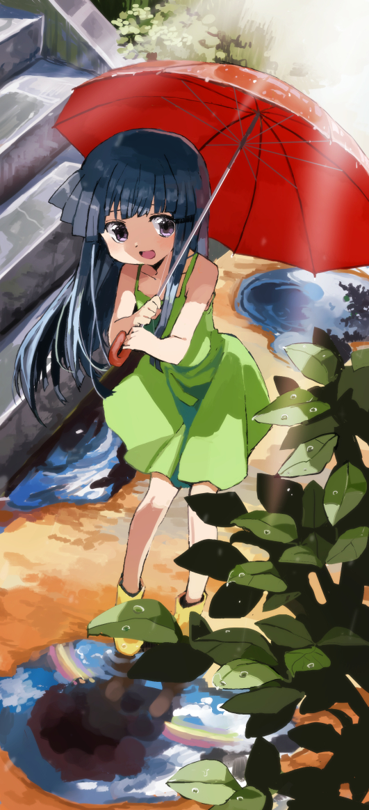 1girl after_rain blue_hair boots commentary_request day dress full_body furude_rika green_dress higurashi_no_naku_koro_ni holding holding_umbrella long_hair nuancho open_mouth outdoors plant puddle purple_eyes rainbow red_umbrella rubber_boots sleeveless sleeveless_dress smile solo umbrella yellow_footwear