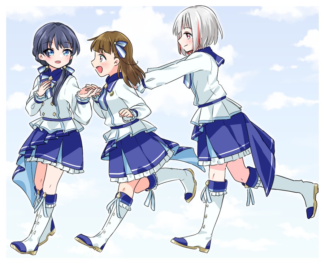 365_days_(love_live!) 3girls :d blue_eyes blue_hair blue_ribbon blue_sailor_collar blue_skirt blue_sky blush bob_cut boots border braid brown_hair buttons center-flap_bangs closed_mouth colored_inner_hair commentary_request dark_blue_hair day diagonal_bangs dollchestra double-breasted grey_hair hair_ribbon holding_hands inverted_bob kachimachi_kosuzu knee_boots leg_up link!_like!_love_live! long_hair long_sleeves love_live! low_twintails medium_skirt multicolored_hair multiple_girls murano_sayaka official_alternate_costume open_mouth pink_eyes pleated_skirt profile pushing red_hair ribbon running sailor_collar sailor_shirt shirt short_hair side_ahoge side_braids sideways_mouth skirt sky smile straight_hair streaked_hair twintails virtual_youtuber white_2530 white_border white_footwear white_shirt yugiri_tsuzuri