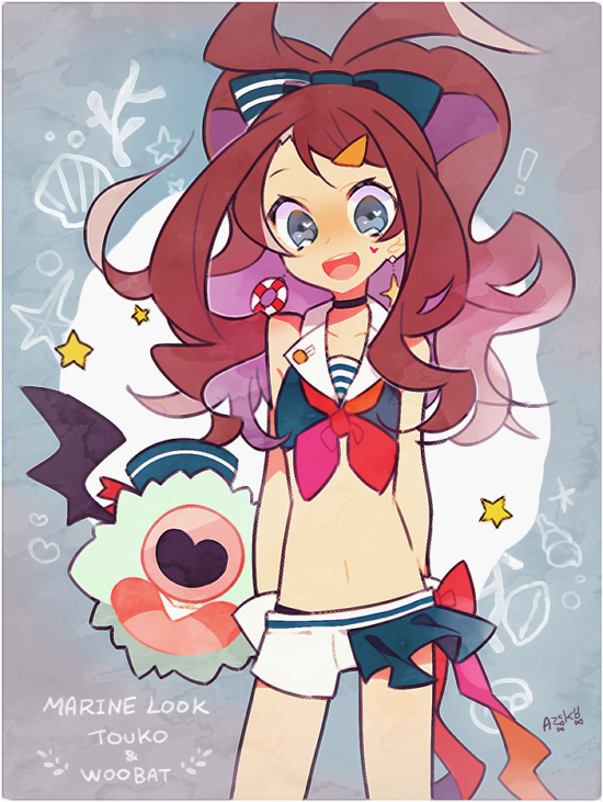 1girl :d alternate_costume artist_name auko blue_eyes blush brown_hair character_name choker commentary_request creatures_(company) facial_tattoo game_freak gen_5_pokemon heart heart_tattoo hilda_(pokemon) long_hair midriff nintendo open_mouth panties panty_peek pokemon pokemon_(creature) pokemon_bw ponytail sailor_collar short_shorts shorts smile tattoo underwear wings woobat wrist_cuffs