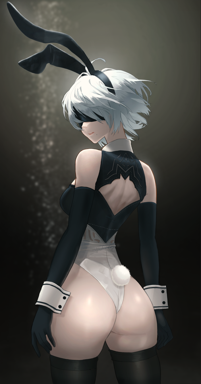 1girl 2b_(nier:automata) animal_ears ass bunny_day elbow_gloves gloves highleg highres leotard lips mole nekowachi_(redsugar0126) nier:automata nier_(series) playboy_bunny rabbit_ears rabbit_tail tail thighhighs white_hair