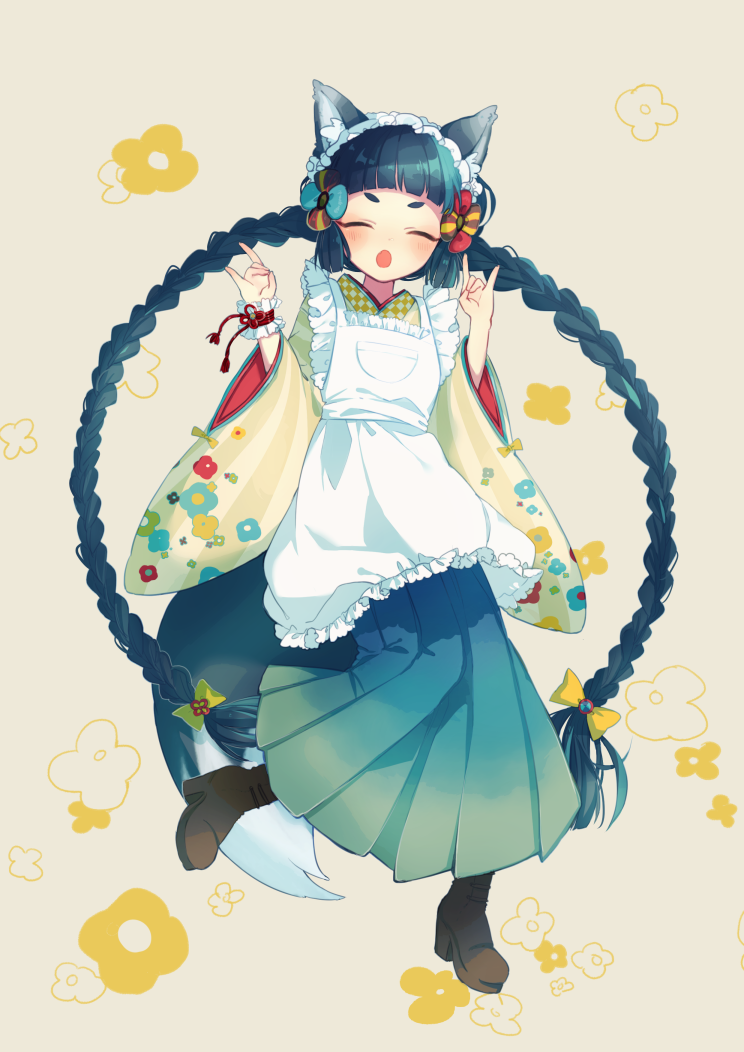 1girl absurdly_long_hair animal_ear_fluff animal_ears apron blue_hair blue_hakama boots bow braid brown_footwear closed_eyes double_fox_shadow_puppet facing_viewer fox_ears fox_girl fox_shadow_puppet fox_tail frilled_apron frills full_body grey_background hair_bow hakama hakama_skirt hands_up high_heel_boots high_heels japanese_clothes kimono long_hair long_sleeves maid_apron open_mouth original rinndouk short_eyebrows simple_background skirt solo standing standing_on_one_leg striped_clothes striped_kimono tail thick_eyebrows twin_braids twintails v-shaped_eyebrows vertical-striped_clothes vertical-striped_kimono very_long_hair white_apron wide_sleeves wrist_cuffs yellow_bow