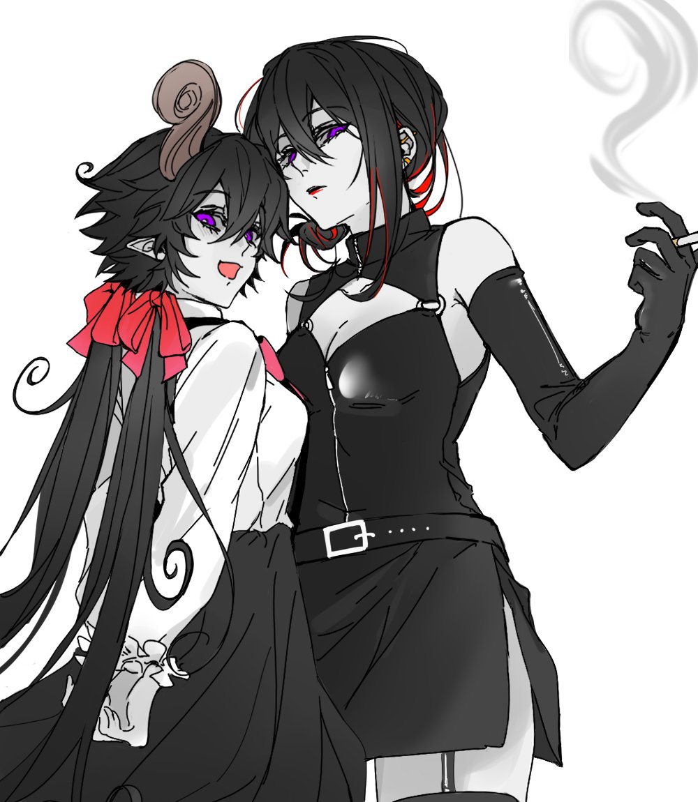 2girls black_dress black_hair black_skirt bow cowboy_shot dress elbow_gloves fumus_(funamusea) funamusea gloves hair_bow horns huan1034097 long_hair long_sleeves low_twintails multicolored_hair multiple_girls open_mouth pink_bow puffy_long_sleeves puffy_sleeves purple_eyes satanick_(funamusea) shirt skirt smile streaked_hair twintails very_long_hair white_shirt