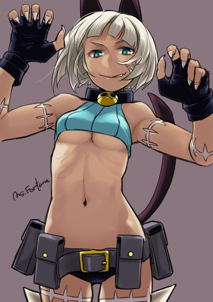 1girl animal_ears bare_shoulders belt belt_pouch black_gloves bob_cut breasts cat_ears cat_tail character_name collar crop_top dark-skinned_female dark_skin detached_leggings female_focus fingerless_gloves fingernails gloves green_eyes grey_hair marushi midriff ms._fortune_(skullgirls) navel pouch robo8 scar sharp_fingernails short_hair short_shorts shorts simple_background skullgirls sleeveless sleeveless_turtleneck smile smirk solo tail turtleneck underboob white_hair