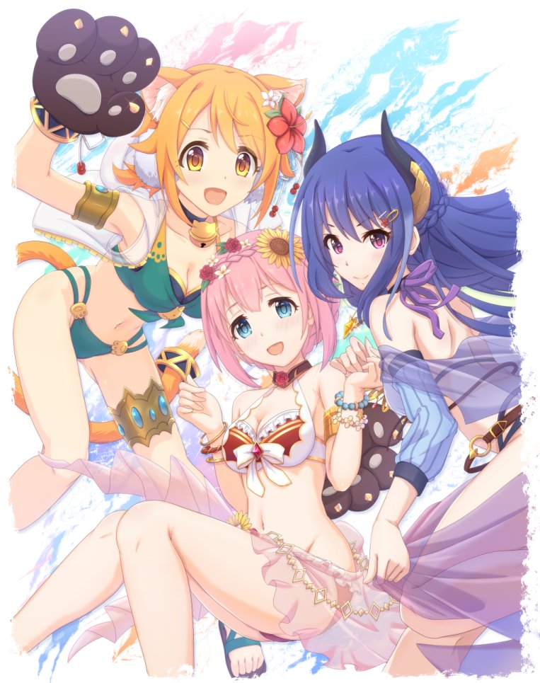 animal_ear_fluff animal_ears animal_hands bikini blue_eyes breasts cat_ears cat_girl cat_paws cat_tail demon_girl demon_horns gloves hair_between_eyes hair_ornament hairband hiyori_(princess_connect!) horns long_hair looking_at_viewer midorinocha multiple_girls open_mouth orange_hair paw_gloves pink_hair princess_connect! purple_eyes rei_(princess_connect!) short_hair smile swimsuit tail yui_(princess_connect!)