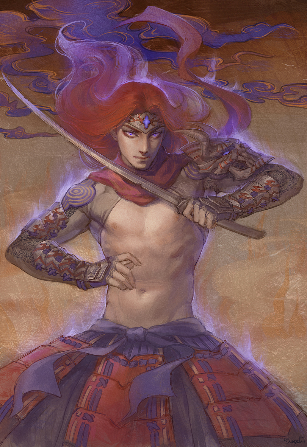 1boy armor aura bishounen circle closed_mouth expressionless getsu_fuuma getsu_fuuma_den_undying_moon highres japanese_armor kote kusazuri long_hair male_focus nat_the_lich navel nipples painterly parted_hair pauldrons pectorals purple_eyes red_hair ribbon shoulder_armor shrug_(clothing) simple_background single_pauldron skull_pauldron solo straight_hair