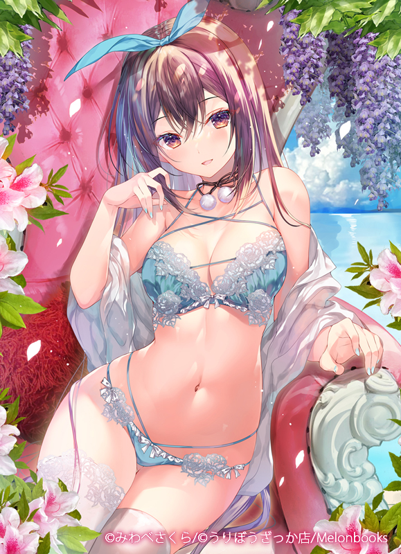 1girl bare_shoulders bikini blue_bikini blue_hair blue_hairband blue_nails breasts brown_eyes brown_hair chair cleavage couch flower flower_trim hair_between_eyes hair_ribbon hairband halterneck hand_up long_hair looking_at_viewer medium_breasts miwabe_sakura multi-strapped_bikini_bottom multi-strapped_bikini_top multicolored_hair navel off_shoulder on_couch open_mouth original outdoors parted_lips ribbon sitting smile solo stomach string_bikini swimsuit thighhighs thighs white_thighhighs wisteria