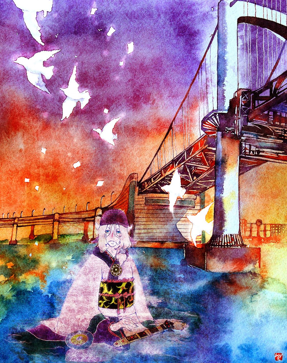 1boy bandana bird blonde_hair bridge highres japanese_clothes kimono kusuriuri_(mononoke) male_focus mononoke muttiy obi painting_(medium) pointy_ears sash sheath sheathed sitting solo traditional_media water watercolor_(medium)