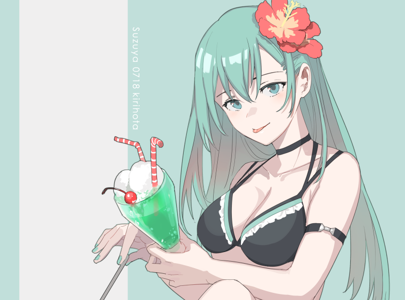 1girl aqua_eyes aqua_hair artist_name bikini blush breasts character_name cherry cleavage collarbone cup dated drinking_glass drinking_straw flower food fruit hair_flower hair_ornament hibiscus holding ice_cream kantai_collection kirihota long_hair nail_polish simple_background soda solo suzuya_(kancolle) swimsuit tongue tongue_out upper_body