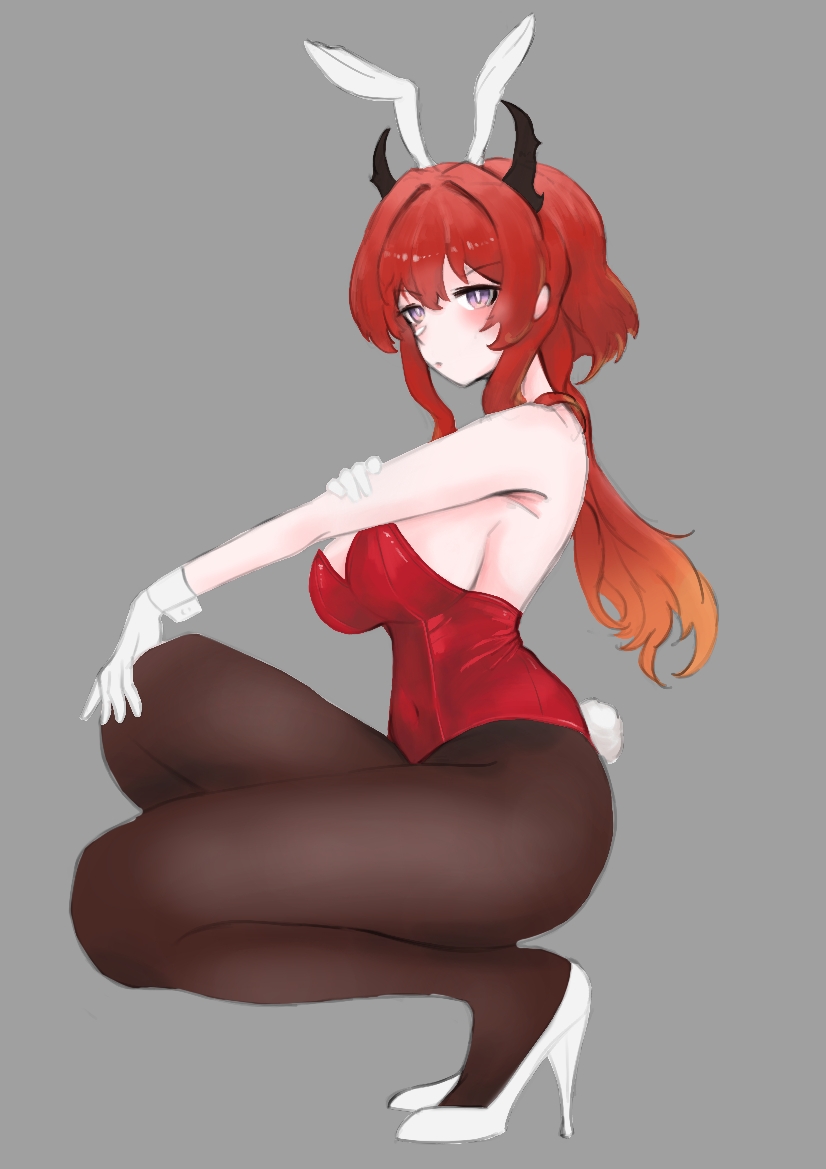 1girl animal_ears arknights breasts closed_mouth demon_girl demon_horns fake_animal_ears horns leotard pantyhose playboy_bunny rabbit_ears rabbit_tail red_hair red_leotard simple_background solo strapless strapless_leotard surtr_(arknights) tail wrist_cuffs yasuhiro_miyuu