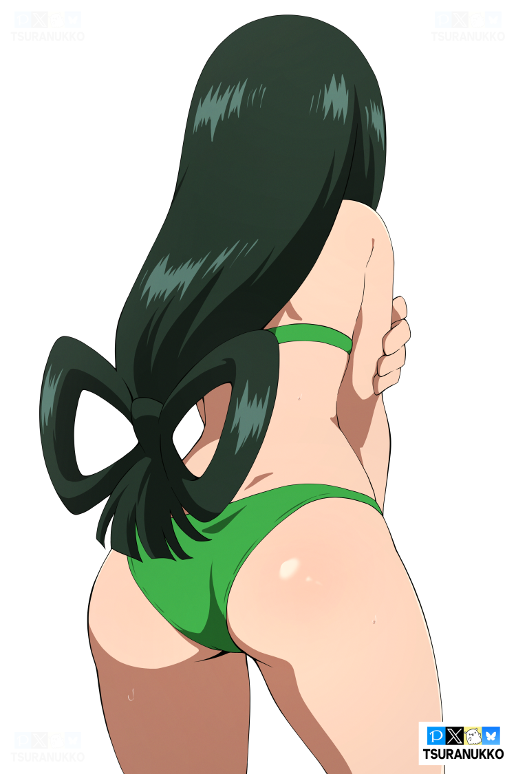 1girl artist_name ass ass_focus asui_tsuyu bikini bluesky_logo boku_no_hero_academia fanbox_logo from_behind green_bikini green_hair long_hair low-tied_long_hair pixiv_logo simple_background solo swimsuit tsuranukko twitter_x_logo white_background