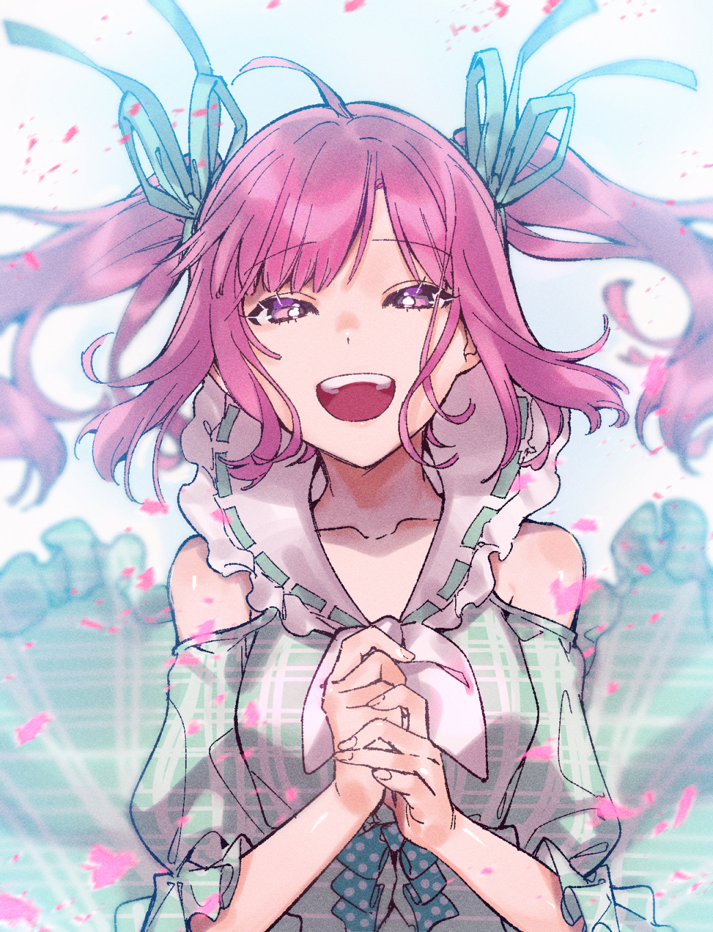 1girl :d achikita_chinami bare_shoulders blue_bow blue_bowtie bow bowtie bright_pupils dress green_dress hair_bow hands_up highres looking_at_viewer mirin_chikuwa nijisanji open_mouth own_hands_together pink_hair purple_eyes smile solo twintails upper_body virtual_youtuber white_pupils