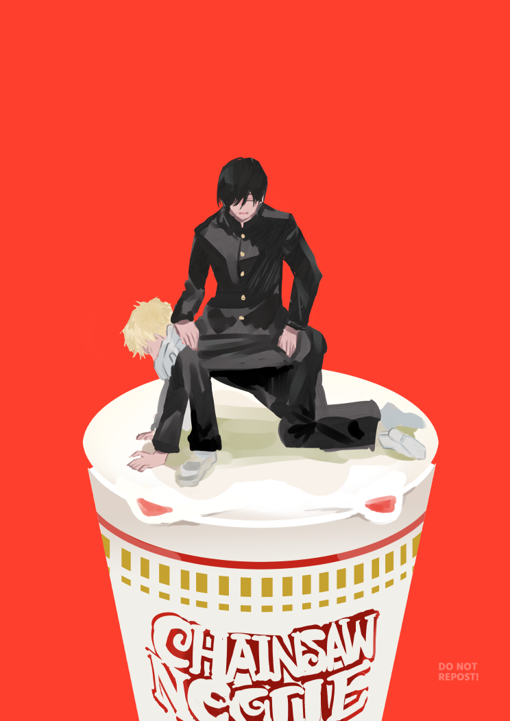 2boys 8mit all_fours black_hair black_jacket black_pants blonde_hair brand_name_imitation chainsaw_man cup_ramen denji_(chainsaw_man) fourth_east_high_school_uniform gakuran jacket male_focus multiple_boys nissin_cup_noodle pants red_background school_uniform simple_background sitting sitting_on_person yoshida_hirofumi