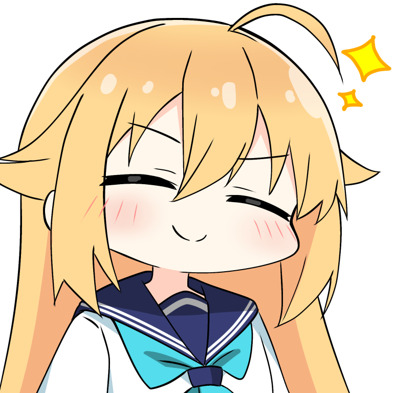 1girl ahoge blonde_hair blush chibi closed_eyes commentary_request hair_flaps koshi_torako kotatsu-mazoku long_hair neckerchief school_uniform serafuku shikanoko_nokonoko_koshitantan smile solo sparkle