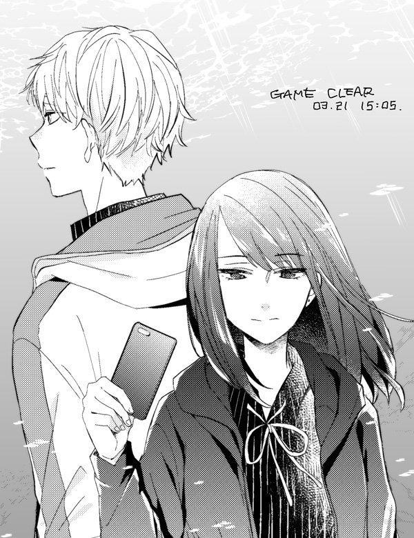 1boy 1girl cellphone commentary_request expressionless greyscale holding holding_phone hood hood_down hoodie medium_hair monochrome nonomura_saku original phone smartphone